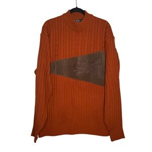 Gochu Vintage Orange Dragon Embroidered Mock Neck Cable Sweater XXL Mens Ribbed